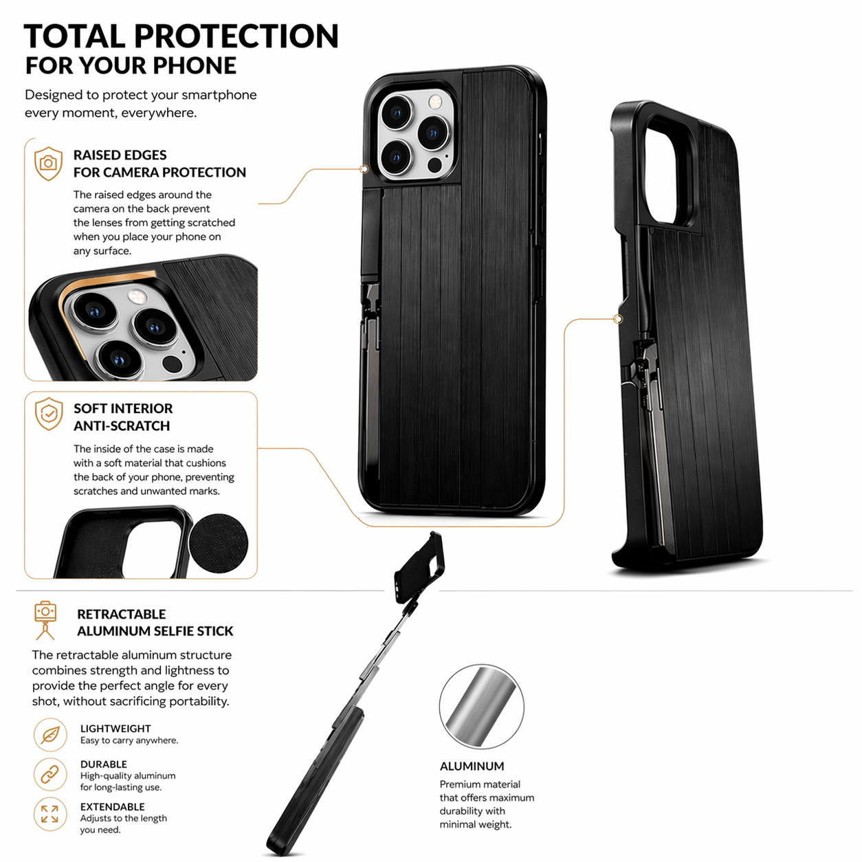 Retractable Selfie Stick Case – Bluetooth & Rechargeable